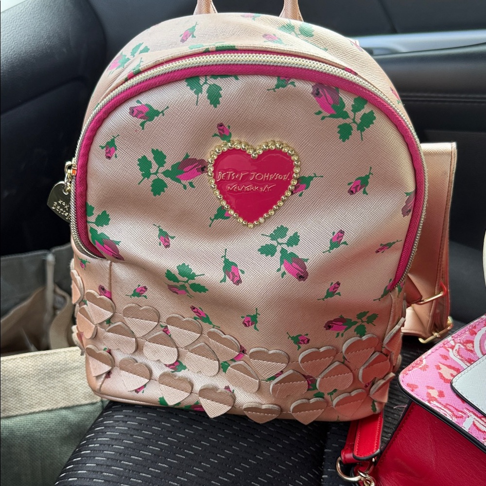 Betsey Johnson Rose Print Backpack with Heart Accents